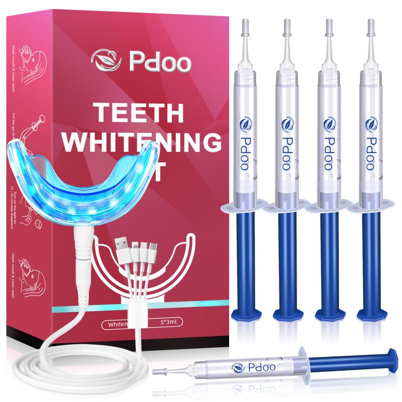 Professional Teeth Whitening Kit with 5 Teeth Whitening Gel LED Accelerator Light Rechargeable Design Enamel Safe Gel Custom Trays Fast Results for Sensitive Teeth Whitening Gel Kit